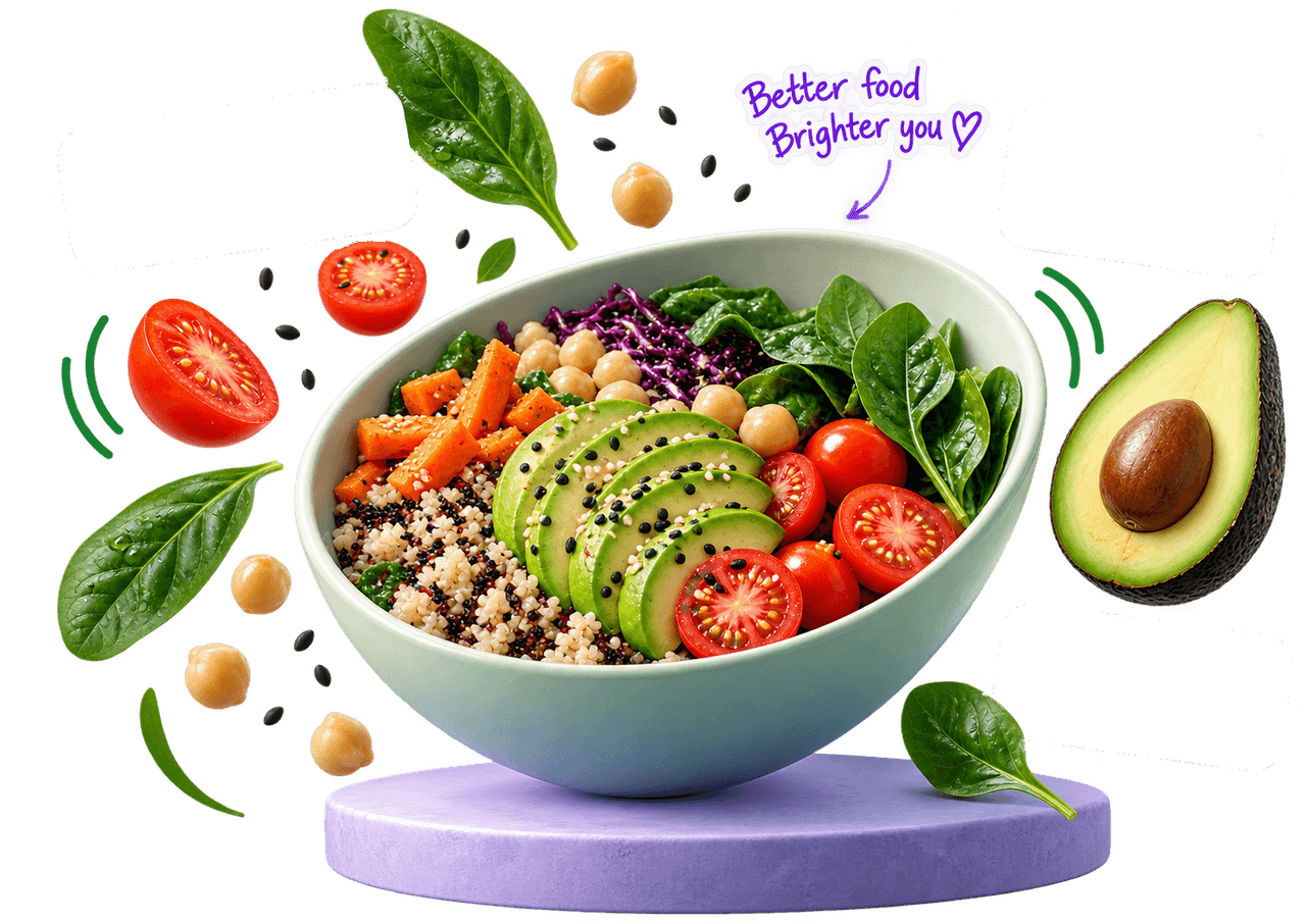 A grain bowl with avocado, tomatoes, chickpeas and spinach
